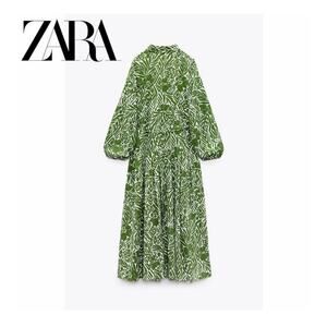 Zara Willow Midi Shirt Dress Green White Geometric Balloon Sleeve Cotton Size M